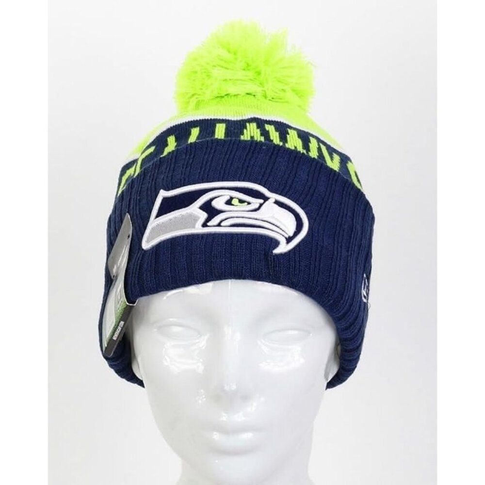 NFL Green Name Seattle Seahawks Knit Beanie Hat Adult Pompom Neon Green